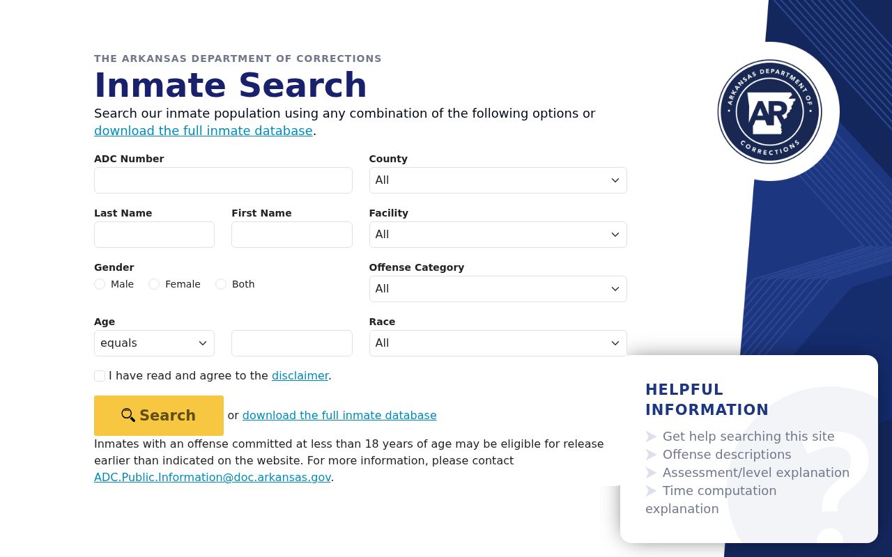 Cleveland County criminal history ADC inmate search fields